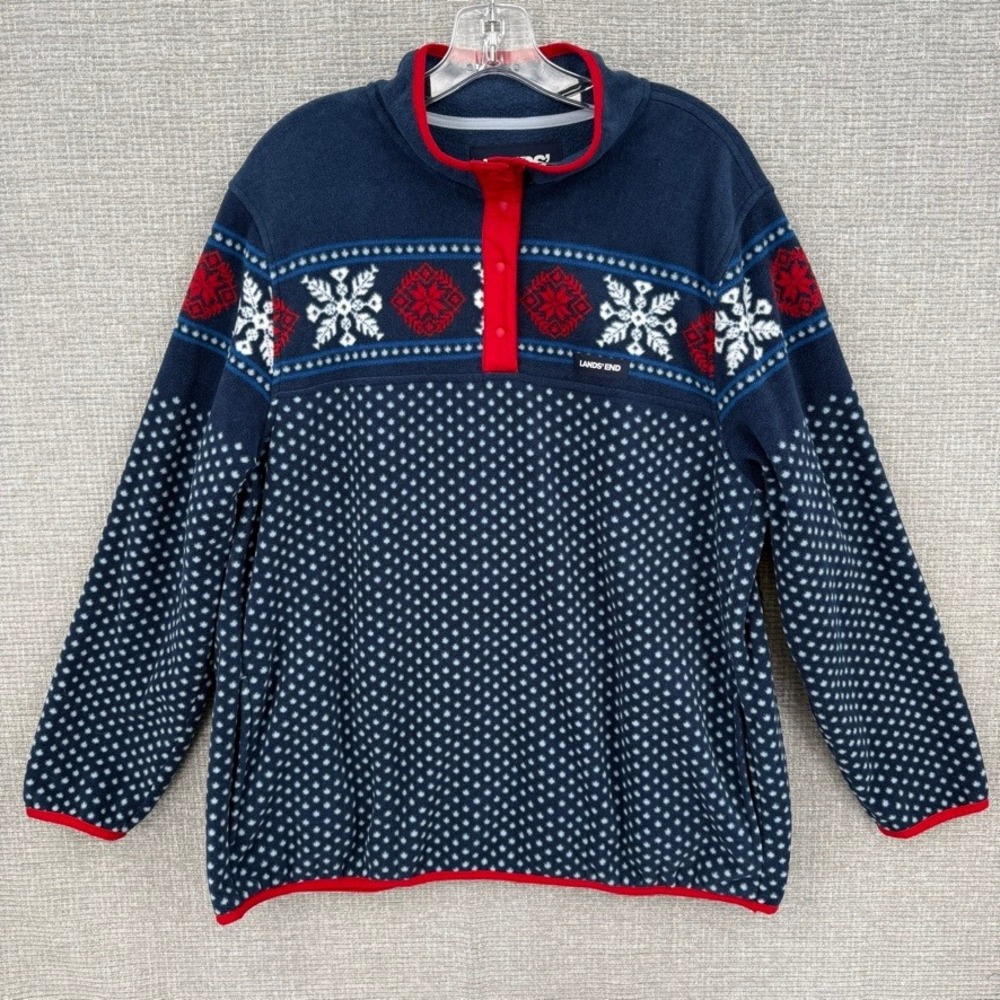 Lands End Fleece Snap Pullover Women 1X Navy Snowflake Fair Isle Gorpcore